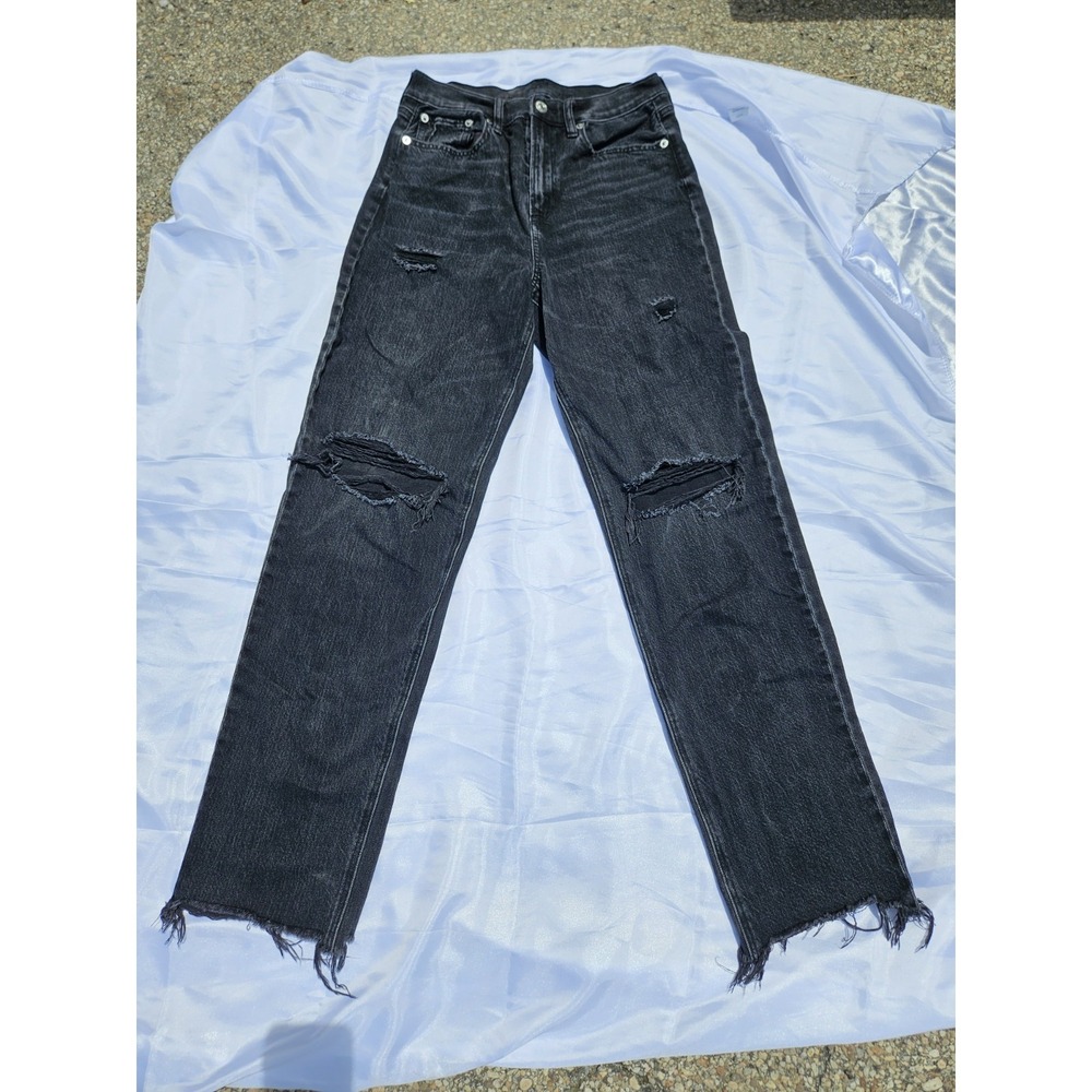 American Eagle Mom Jean Strigid Black Ripped Denim High Rise‎ Size 4 Regular